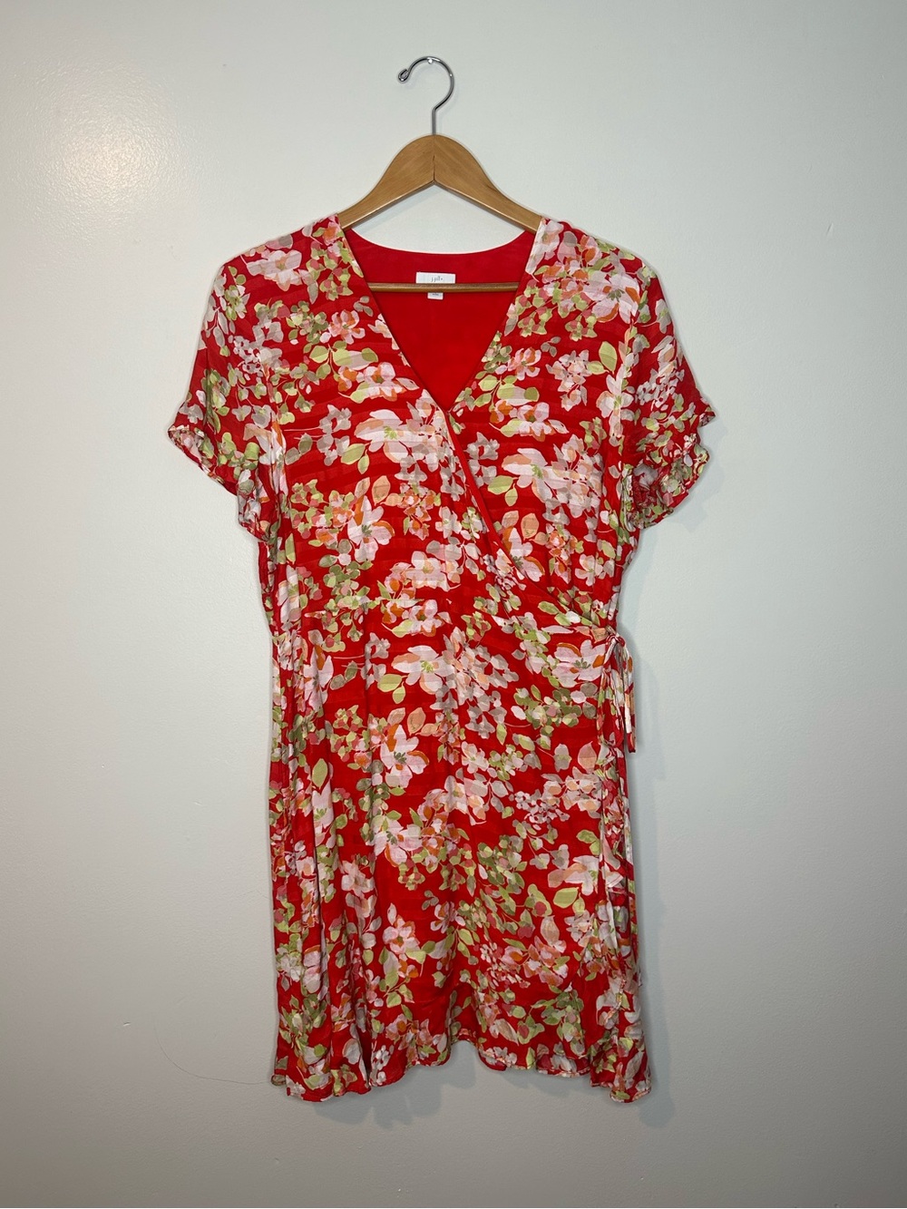 J.Jill Floral Red Green Wrap Dress Women LP Preppy feminine boho